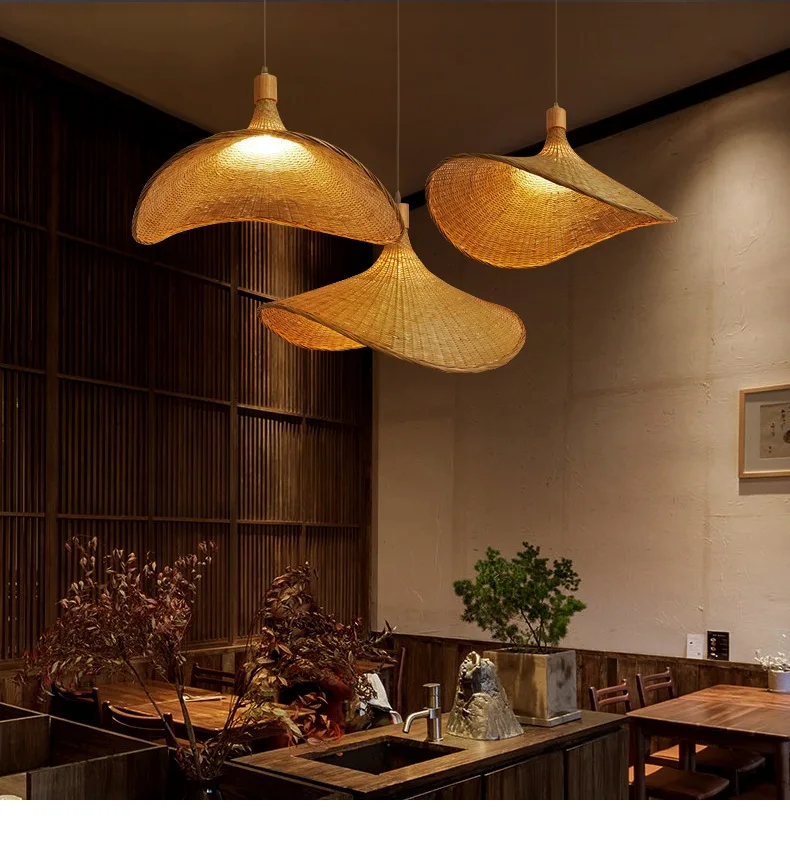 Handmade Vintage Pendant Lamp Bamboo Restaurant Café Chandeliers Wood Base E27 Bulb Lighting Hotel Bedroom Interior Classical