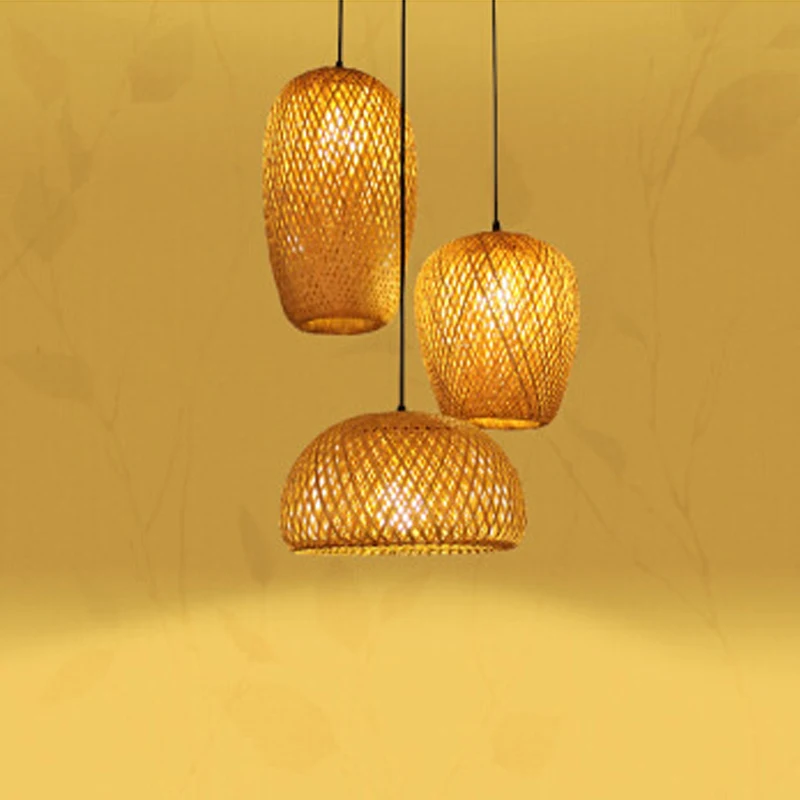 Handmade Vintage Pendant Lamp Bamboo Restaurant Café Chandeliers Wood Base E27 Bulb Lighting Hotel Bedroom Interior Classical