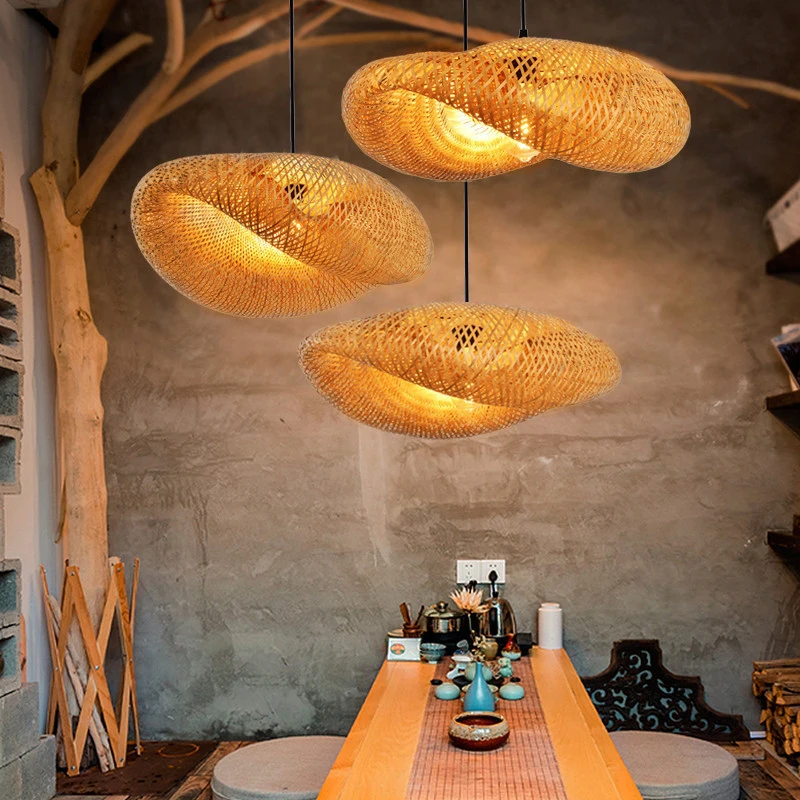 Handmade Vintage Pendant Lamp Bamboo Restaurant Café Chandeliers Wood Base E27 Bulb Lighting Hotel Bedroom Interior Classical